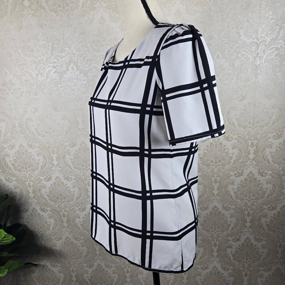 Zara Basic Sz Large White Black Plaid Blouse Roun… - image 3